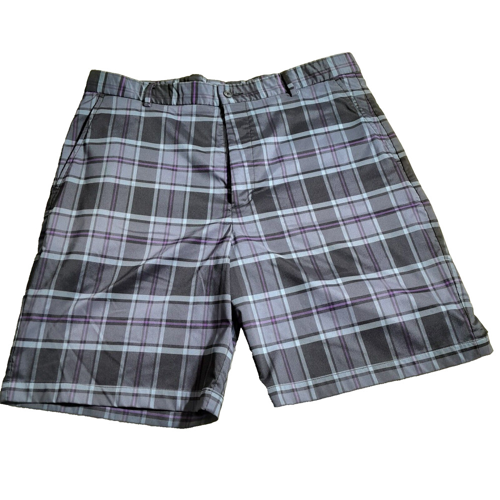 Slazenger Golf Casual Shorts Size 36 Men Gray Purple Plaid Pockets Flat Front